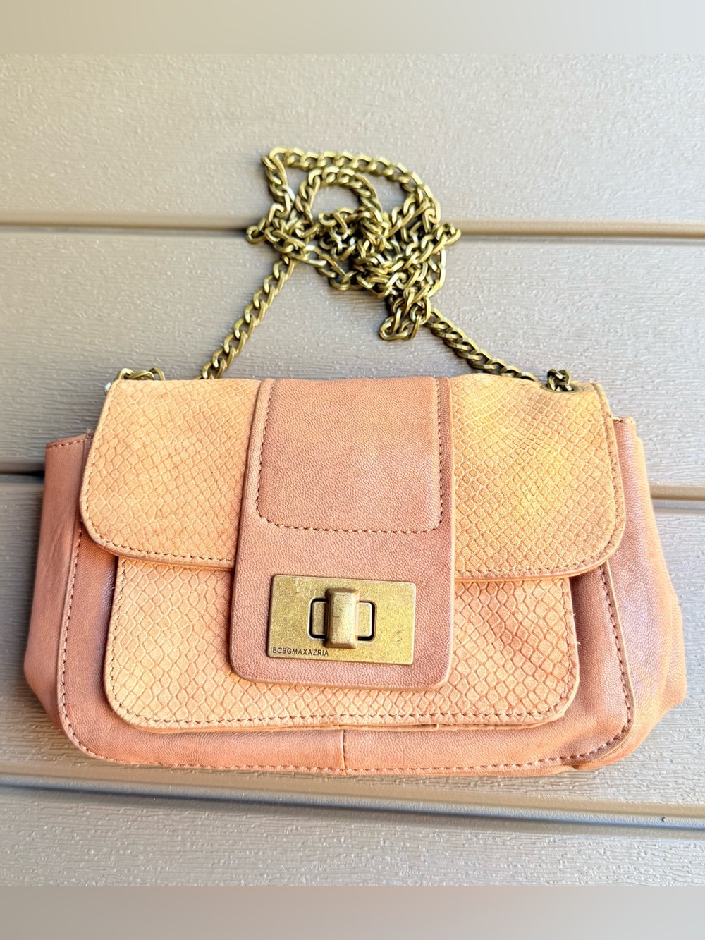 BCBG Maxazria Crossbody Bag Tan Leather Python Embossed Flap Gold Chain Purse